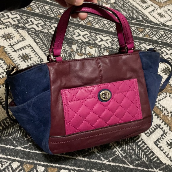Coach Park Mini Leather Suede Tote Satchel Color Block Quilted Blue Wine F49865